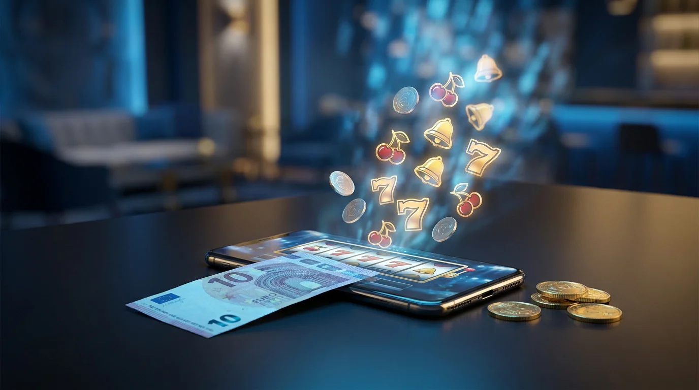 Ein Zehn-Euro-Schein neben einem Smartphone-Casino, teils als Freispiel-Symbol, teils als eigene Einzahlung dargestellt