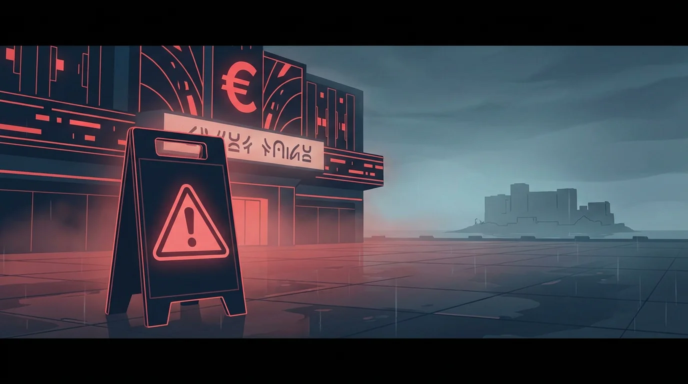Warnschild vor einem Casino, das mit "10 Euro ohne OASIS, ohne Anmeldung" wirbt, im Hintergrund Ausland-Symbol