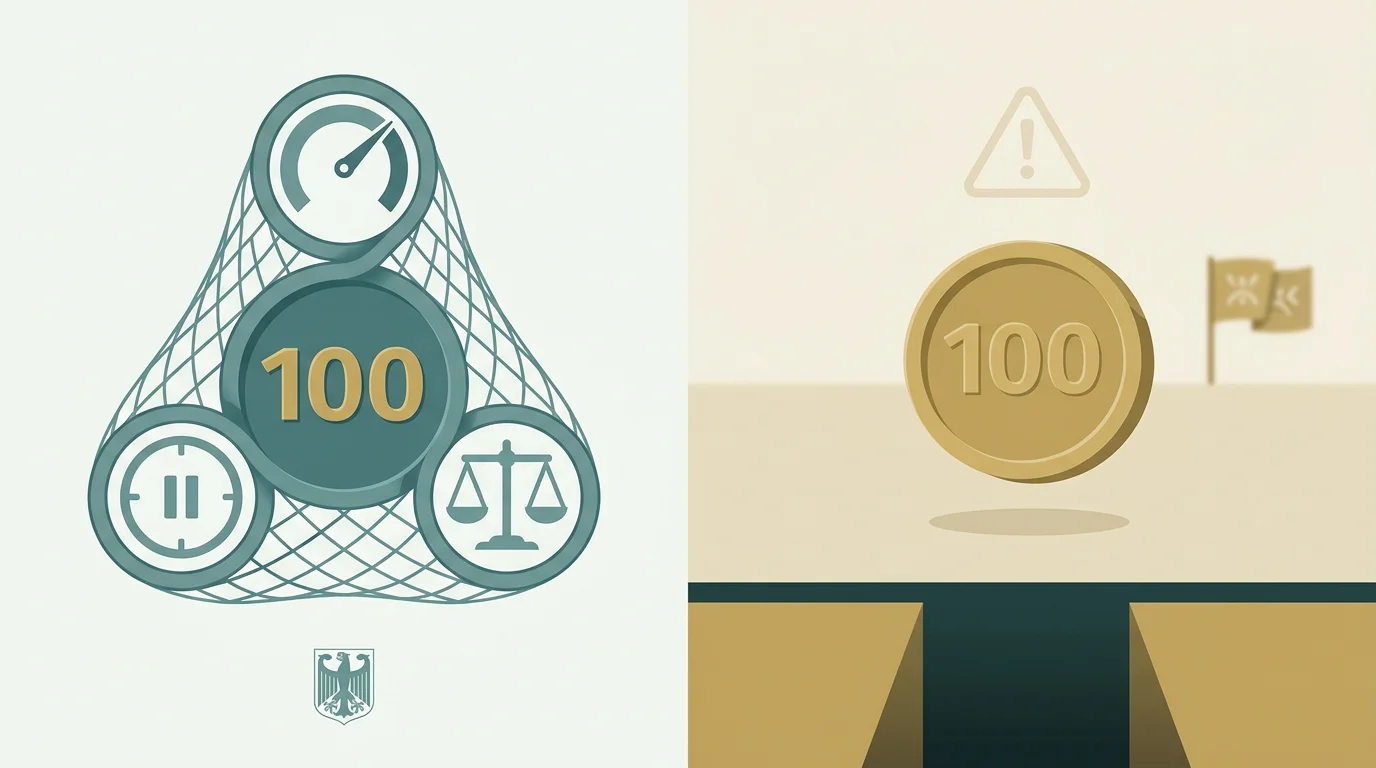Sinnbild fuer den legalen Rahmen: 100 Freispiele im Vergleich - ein seltenes lizenziertes Angebot im Schutznetz aus Einzahlungslimit, OASIS und Beschwerdeweg gegen ein grosses Angebot ohne Schutz
