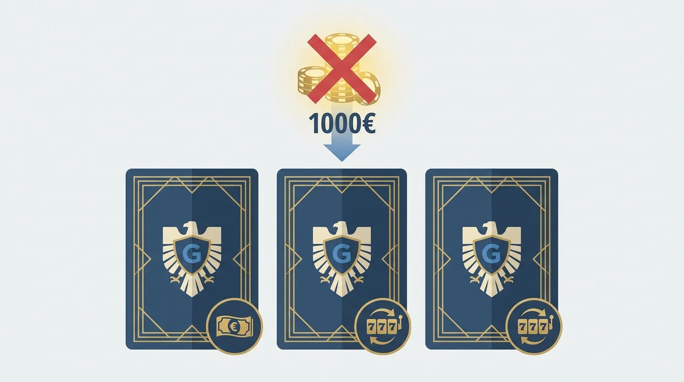 Drei lizenzierte deutsche Casinos mit kleinen Bonus-Symbolen unter einer durchgestrichenen 15-Euro-Marke