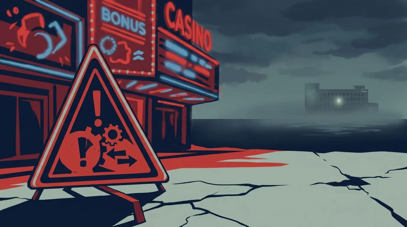 Warnschild vor einem Casino, das "15 Euro geschenkt, ohne OASIS, ohne Anmeldung" bewirbt, Ausland-Symbol dahinter