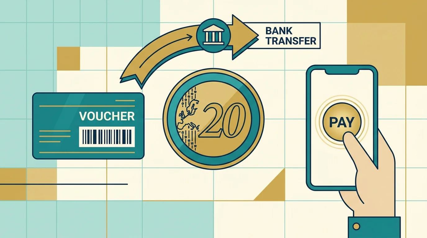 Legale Zahlwege paysafecard, Klarna und Banküberweisung für eine 20-Euro-Einzahlung
