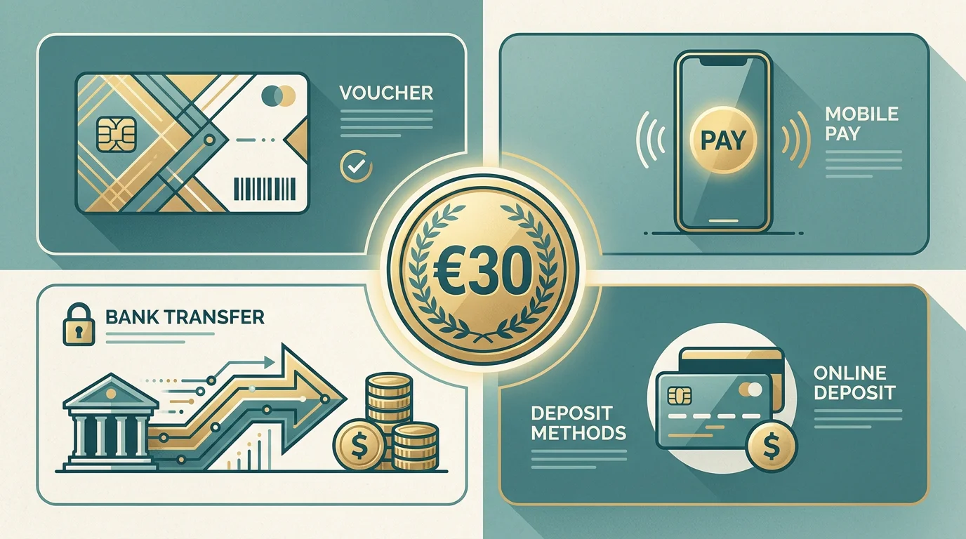 Legale Zahlwege paysafecard, Klarna und Banküberweisung für eine 30-Euro-Einzahlung