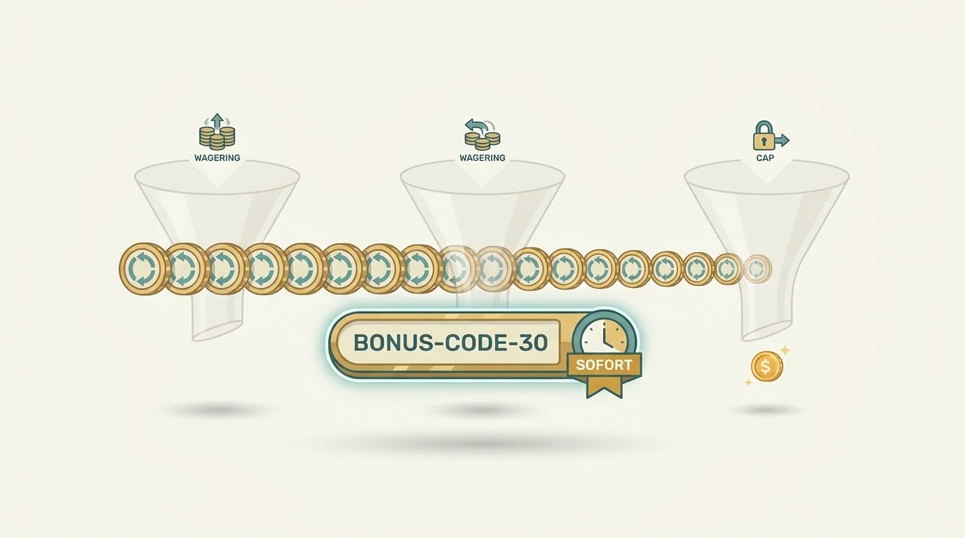 Sinnbild fuer 30 Freispiele ohne Einzahlung: ein Bonus-Code-Feld und eine Uhr mit dem Wort sofort, dahinter schrumpfen 30 Drehungen durch Umsatz und Deckel zu einem kleinen Rest