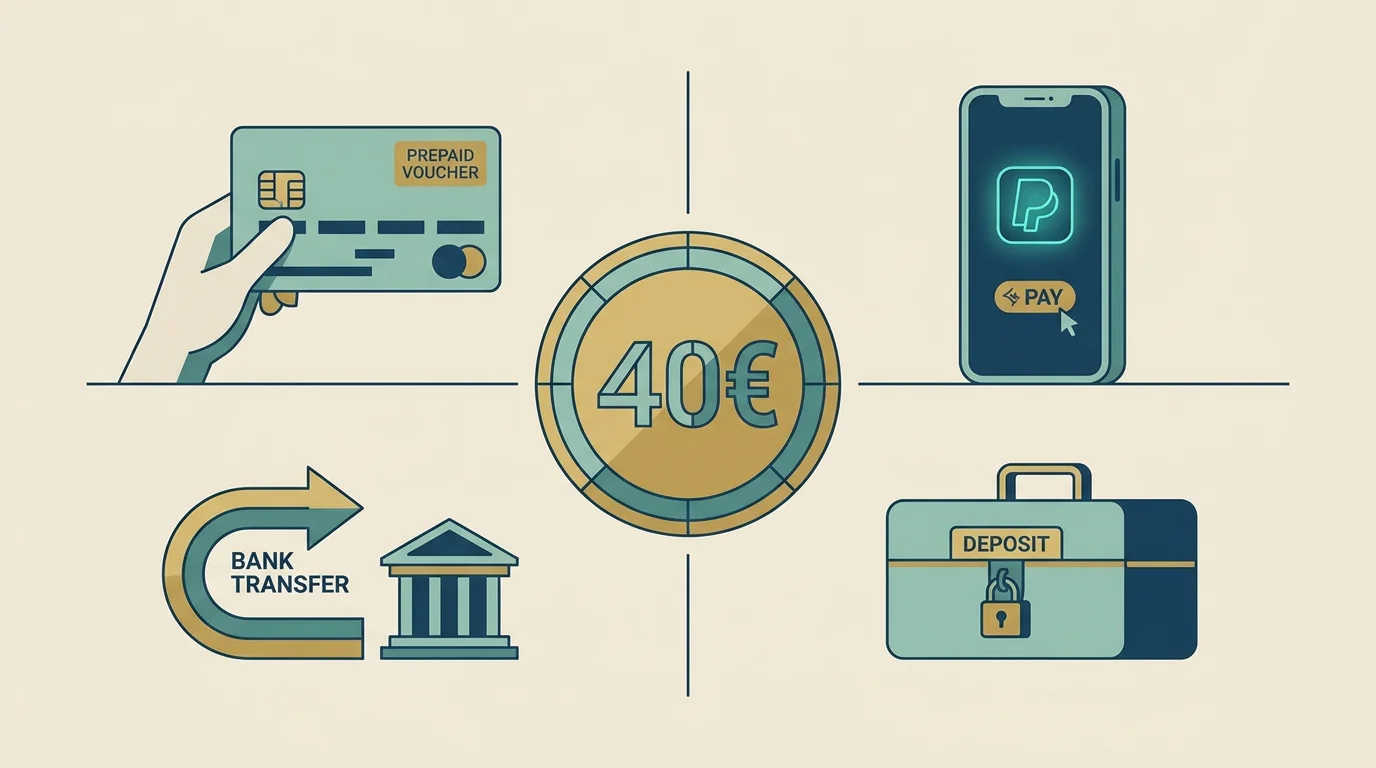 Legale Zahlwege paysafecard, Klarna und Banküberweisung für eine 40-Euro-Einzahlung