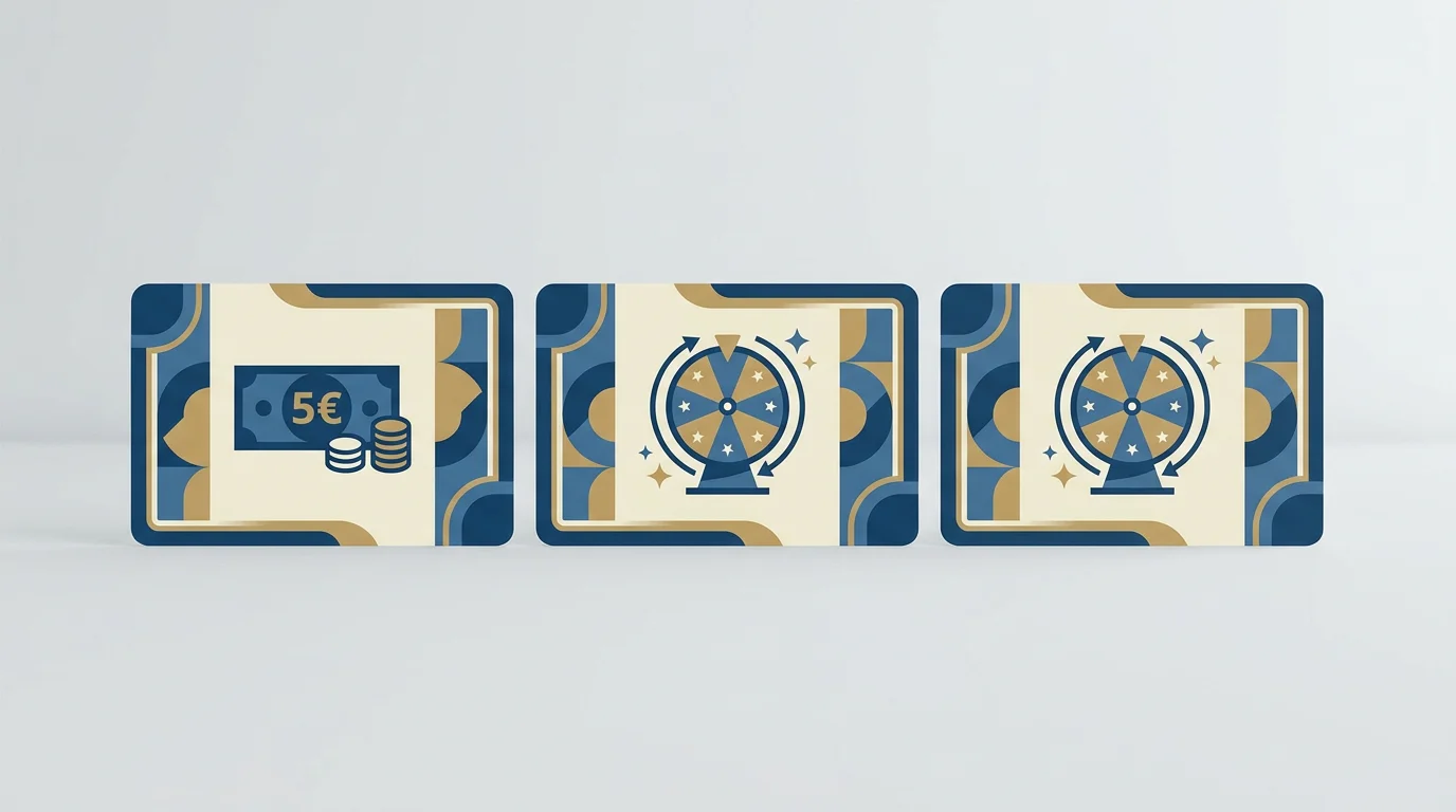 Drei lizenzierte deutsche Casinos: eines mit 5-Euro-Geldschein-Symbol, zwei mit Freispiel-Symbol