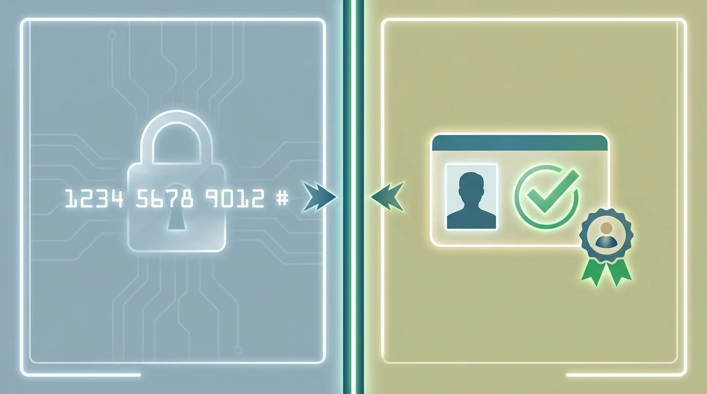 Zwei getrennte Ebenen im Bild: links ein anonymer Zahlencode ohne Bankdaten, rechts ein geprüftes Spielerkonto mit Ausweis-Symbol.