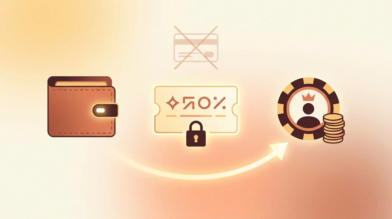 Ein Voucher-Code steht sinnbildlich zwischen einem Portemonnaie und einem Casino-Konto, ohne Kartensymbol dazwischen.