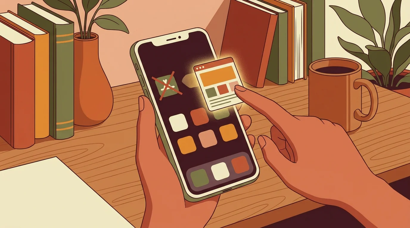 Konzeptbild: ein Smartphone, auf dem eine mobile Website wie eine App auf den Startbildschirm gelegt wird, daneben ein durchgestrichenes Store-Download-Symbol, warme geordnete Farben, keine Schrift, keine Logos, editorialer Stil