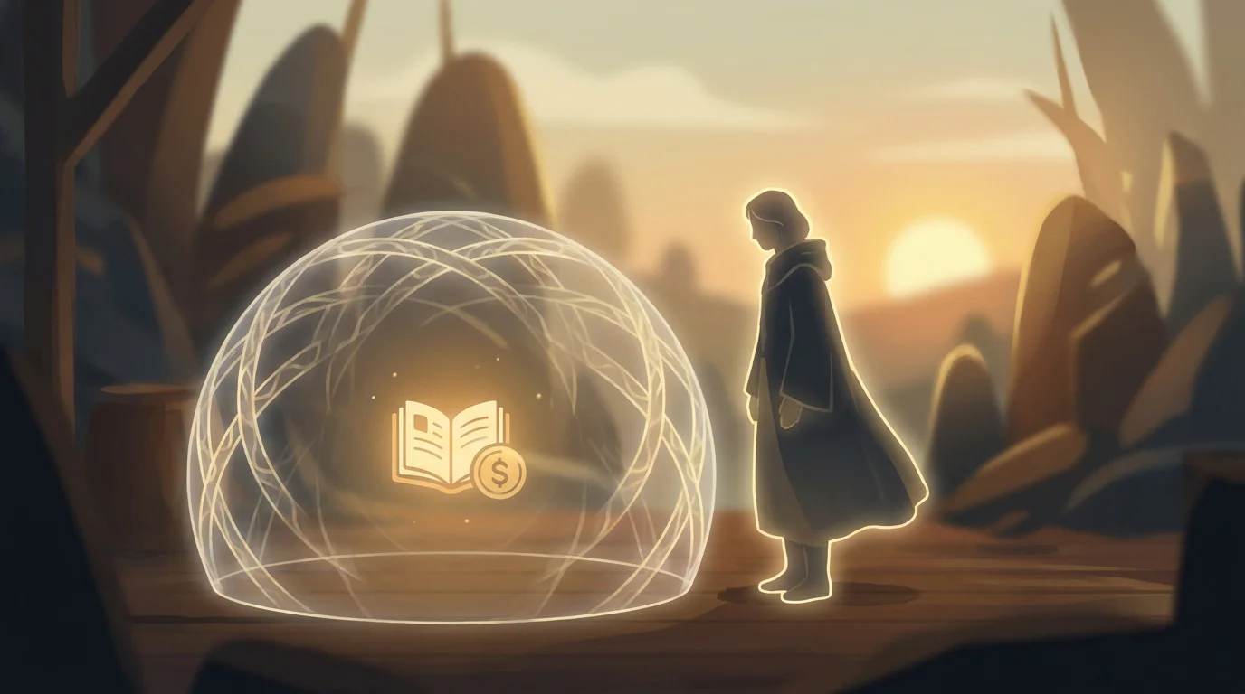 Illustration: eine Person und ein Schild, das ein Konto und einen Gewinn umschließt, warmes Licht, Gefühl von Sicherheit und Vertrauen