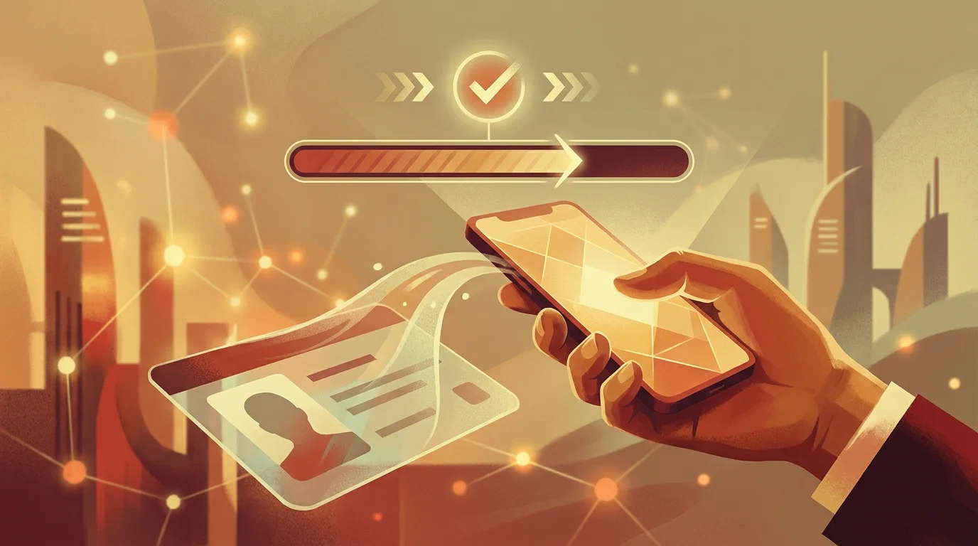 Illustration: ein Smartphone, das ein Ausweisdokument scannt, mit einem Fortschrittsbalken und einem Häkchen, warme Farben, moderner digitaler Vorgang