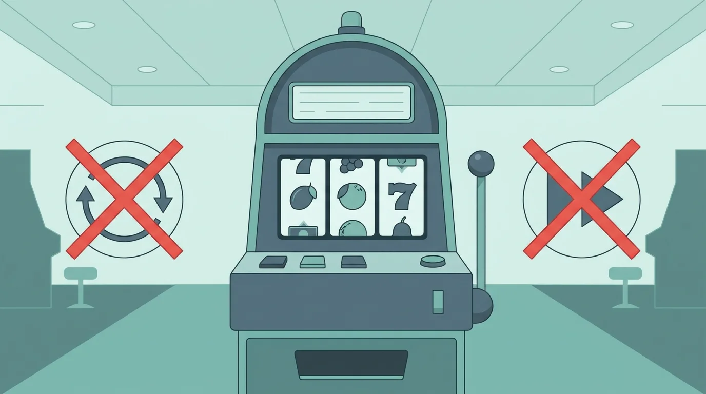 Illustration eines Automaten mit durchgestrichenem Autoplay- und Turbo-Symbol als Kennzeichen des geschützten Spiels