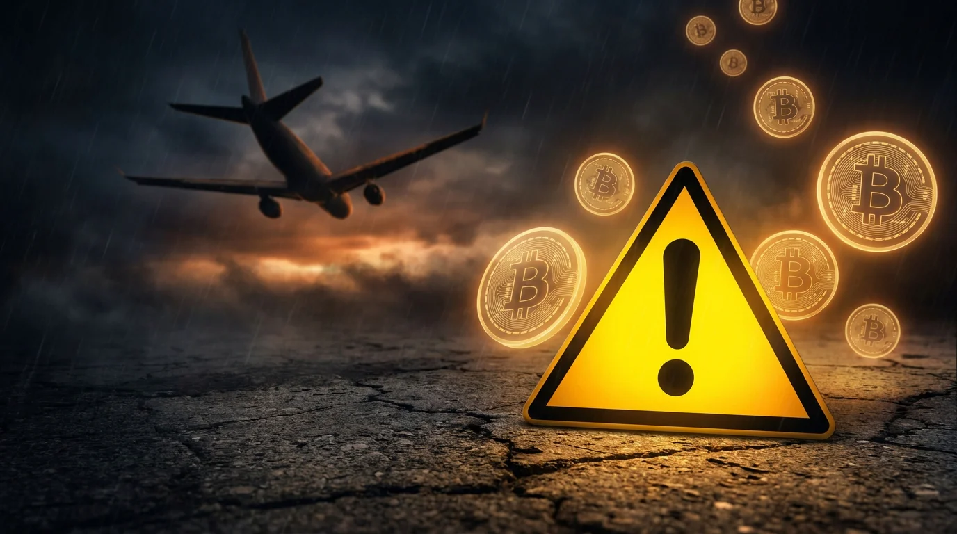Aviator im Hintergrund, überlagert von Bitcoin- und Krypto-Symbolen und einem Warndreieck