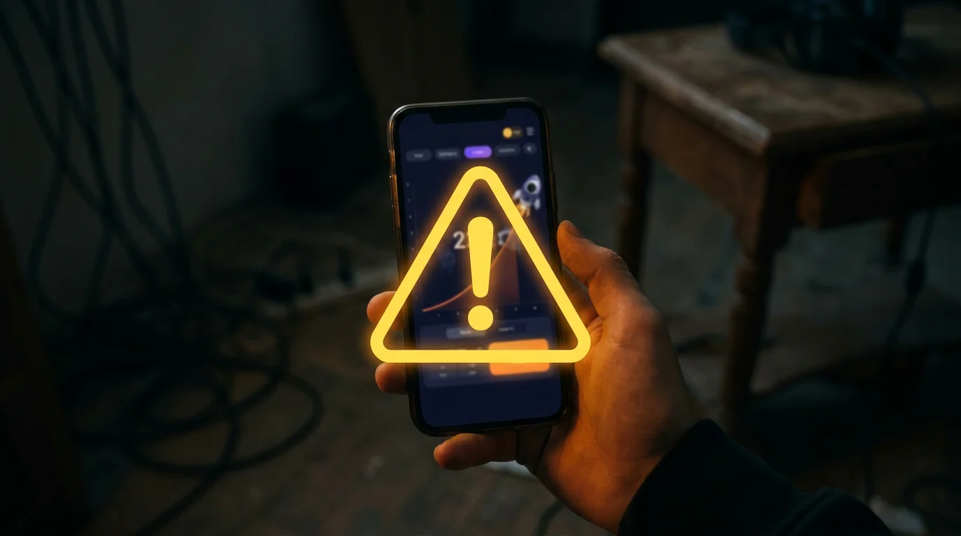 Ein Smartphone mit einer angeblichen Aviator-Predictor-App, überlagert von einem großen Warndreieck