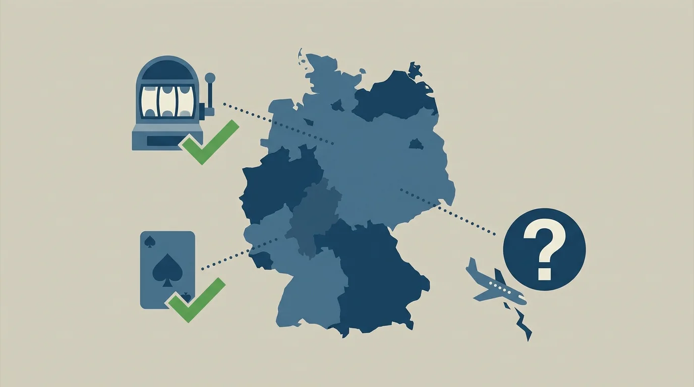 Eine Deutschlandkarte, auf der Automatenspiele und Poker erlaubt sind und Aviator mit einem Fragezeichen markiert ist