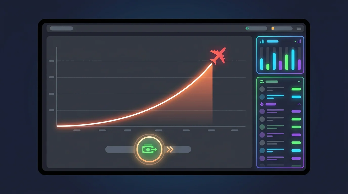 Das Aviator-Spiel im Moment vor dem Absturz mit dem Auszahlungsknopf und der Statistik-Anzeige