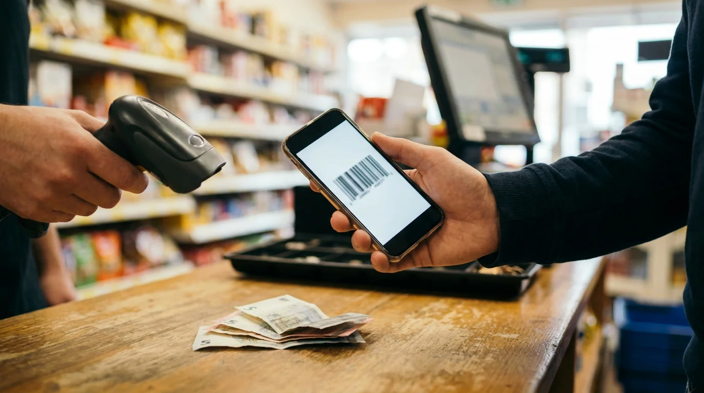 Ein Barcode auf einem Smartphone wird an einer Ladenkasse eingescannt, während Bargeld auf den Tresen gelegt wird.