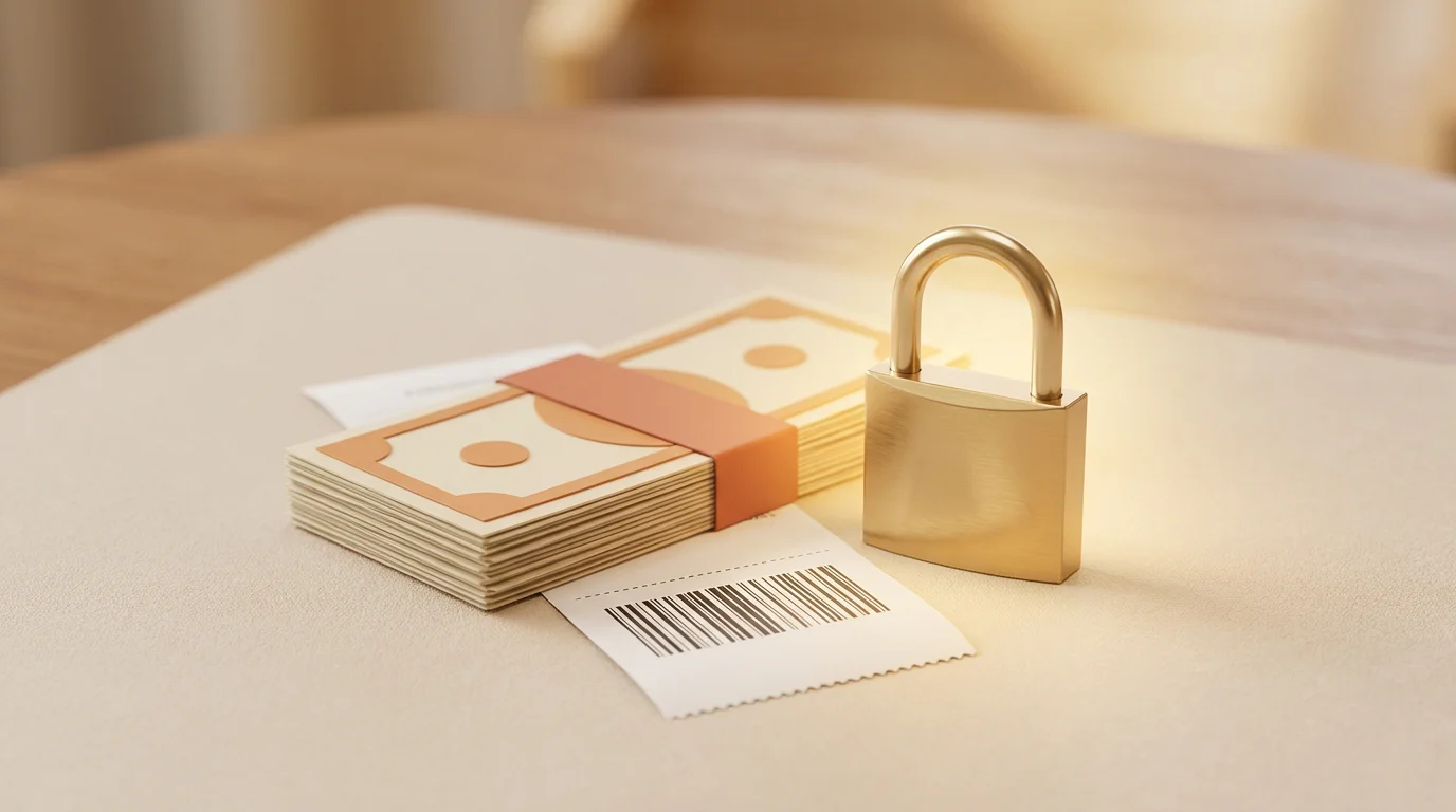 Bargeld und ein Barcode-Beleg neben einem geschlossenen Vorhängeschloss als Sinnbild für eigenes Geld ohne Weitergabe von Bankdaten.