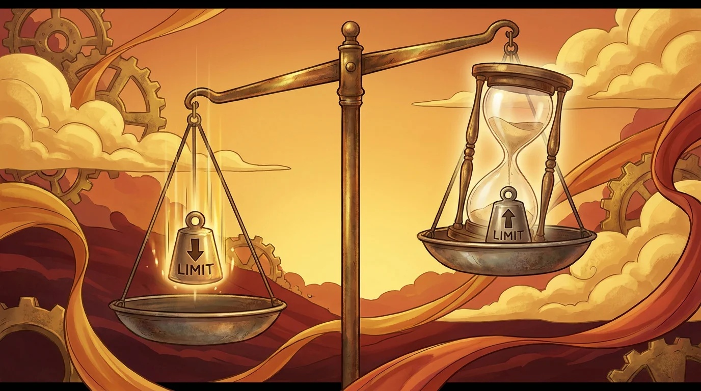 Illustration: eine Waage, bei der eine Limit-Senkung sofort greift, während eine Limit-Erhöhung durch eine Sanduhr verzögert wird, warme Farben