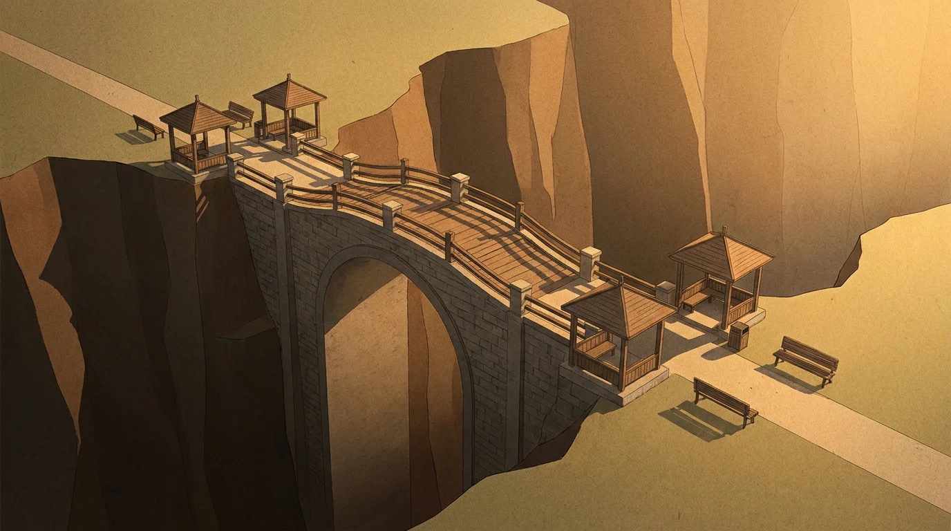 Illustration: eine ruhige Brücke über eine Schlucht mit einigen Rastpunkten, ein Weg führt bedächtig hinüber, warmes Licht, gelassene Stimmung