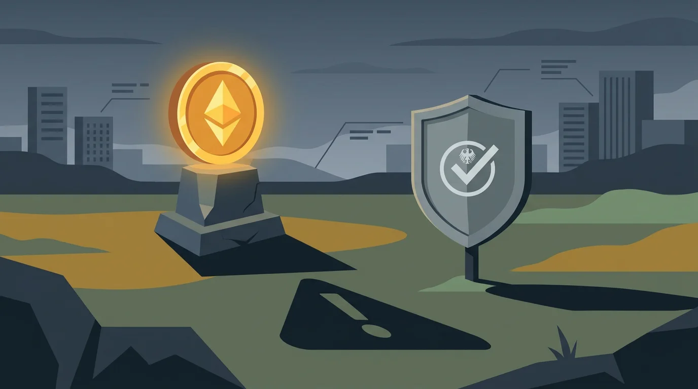 Sinnbild fuer die Suche nach dem besten Krypto-Casino in Deutschland: ein glaenzendes Krypto-Logo gegenueber einem schlichten Schutzschild mit deutschem Bezug