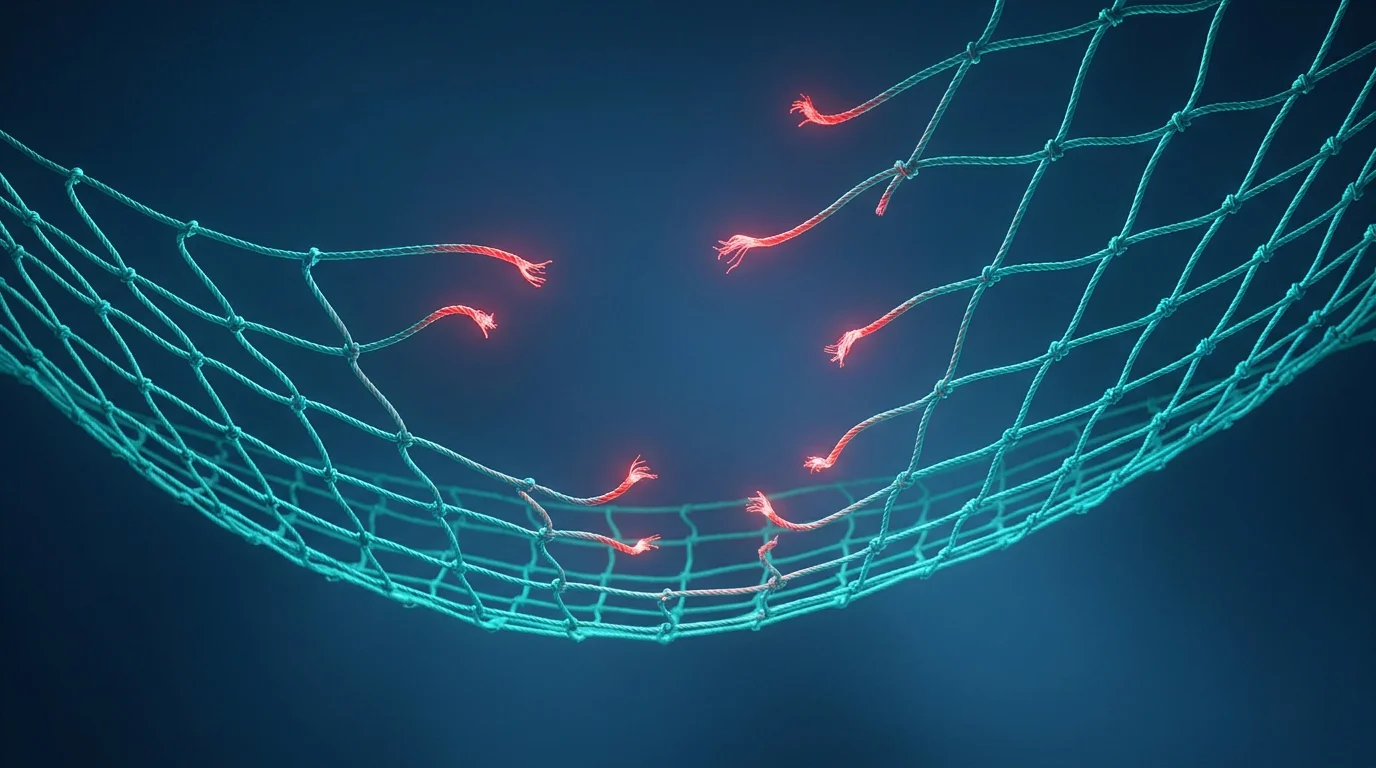 Ein Sicherheitsnetz aus mehreren Fäden, die für Sperrsystem, Limit, Einsatzgrenze und Verifizierung stehen, teils durchtrennt