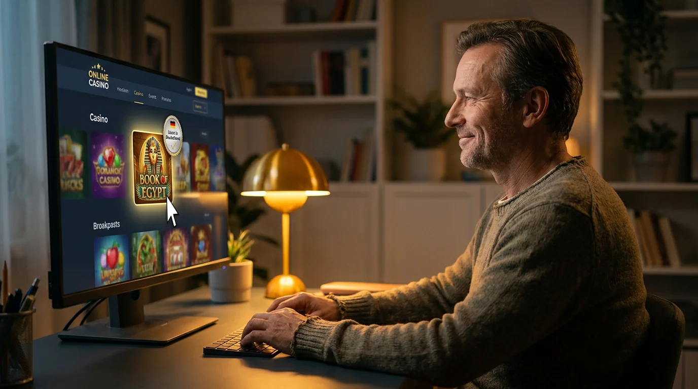 Zufriedener Spieler waehlt eine legale Book-Slot-Alternative im deutschen Online Casino