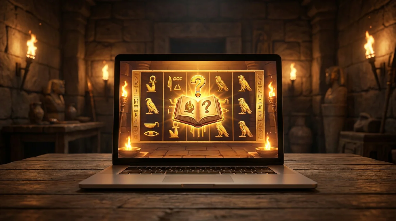 Book-of-Ra-Slot im aegyptischen Stil auf einem Bildschirm mit Hinweis auf die Lizenzfrage