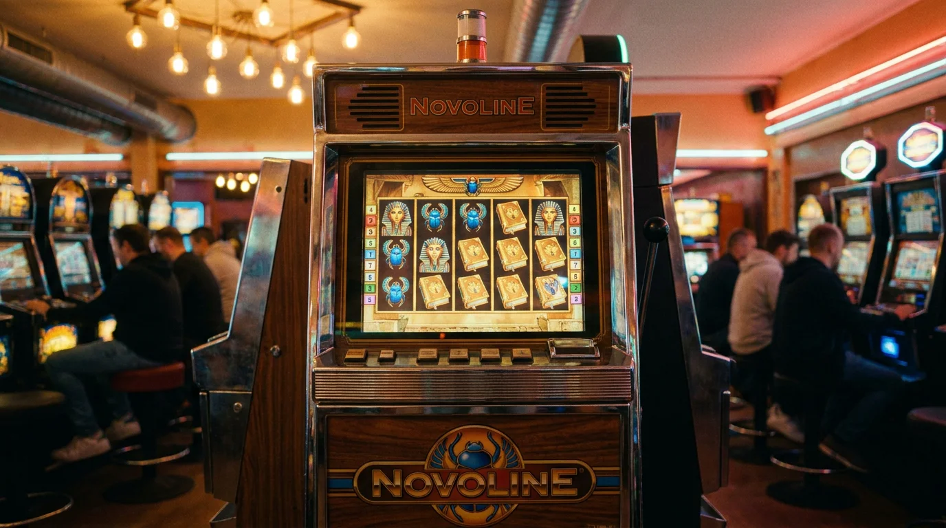 Novoline-Spielautomat in einer deutschen Spielhalle mit Book of Ra auf dem Bildschirm