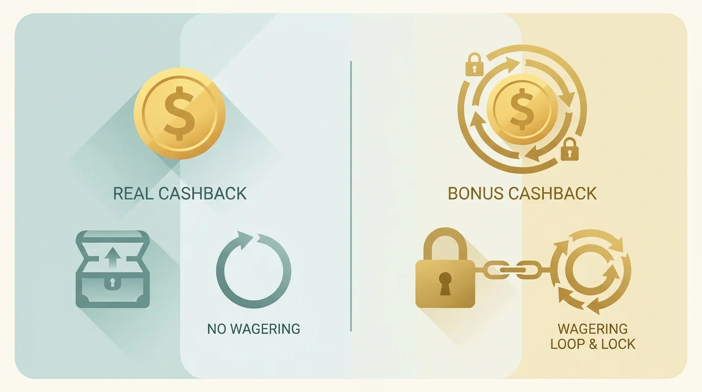Gegenueberstellung von echtem Cashback als frei verfuegbarem Geld ohne Umsatzbedingung und Bonus-Cashback als gebundenem Guthaben mit Umsatzbedingung