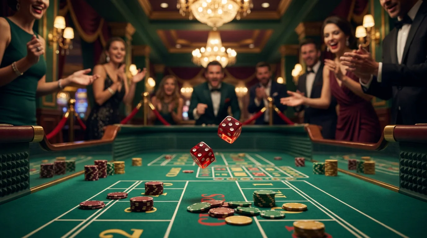 Ein Craps-Tisch im Online-Casino mit zwei Würfeln und den zahlreichen Wettfeldern