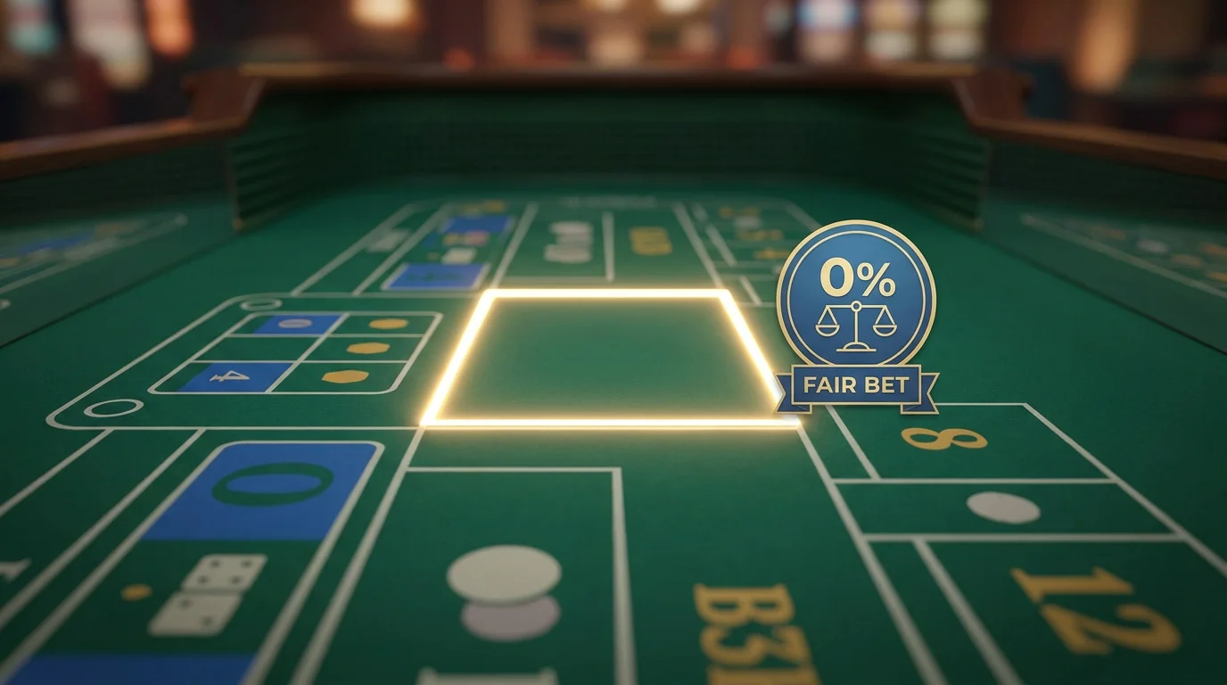 Ein Craps-Tisch mit hervorgehobener Odds-Wette und der Kennzeichnung null Prozent Hausvorteil