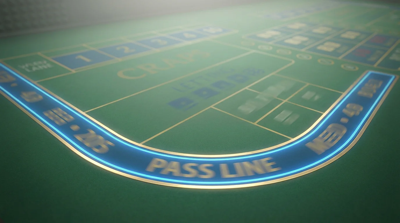 Ein Craps-Tisch mit hervorgehobener Pass-Line als der zentralen, einfachen Grundwette
