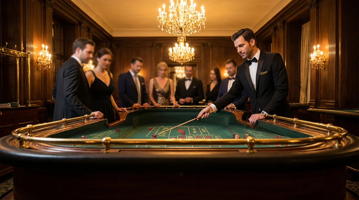 Ein Craps-Tisch in einer landbasierten Spielbank mit einem Croupier und echten Würfeln
