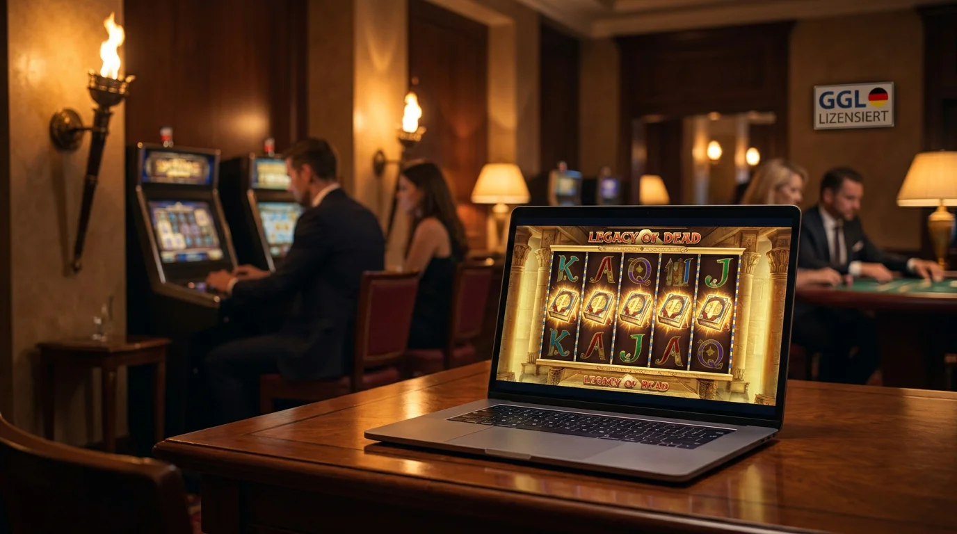 Legacy-of-Dead-Slot mit aegyptischem Motiv auf einem Bildschirm im legalen deutschen Online Casino