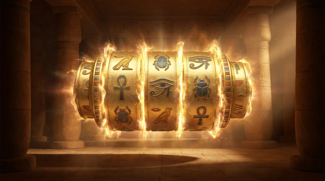 Mehrere aegyptische Symbole die sich gleichzeitig ueber die Walzen ausdehnen als Kernmechanik von Legacy of Dead
