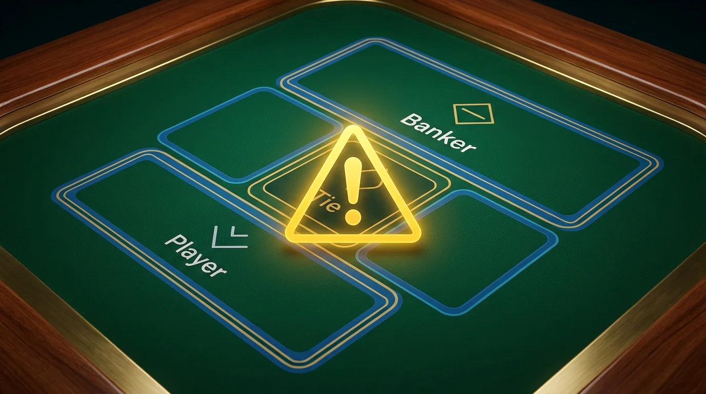 Ein Baccarat-Tisch mit den drei Wettfeldern Bank, Spieler und Unentschieden, wobei das Unentschieden-Feld mit einem Warnsymbol markiert ist