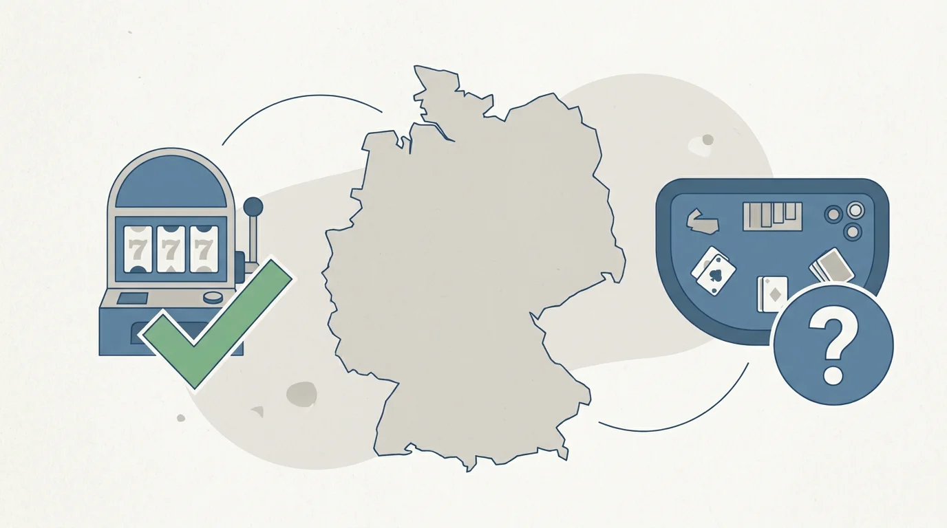 Eine Deutschlandkarte, auf der Automatenspiele erlaubt sind und Live-Kartentische mit einem Fragezeichen markiert sind