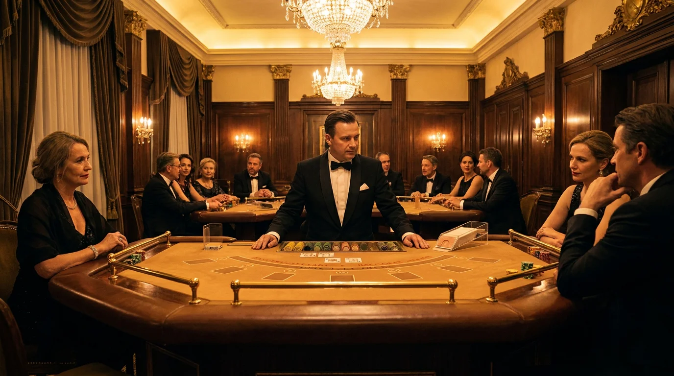 Ein eleganter Baccarat-Tisch in einer landbasierten deutschen Spielbank mit einem Croupier