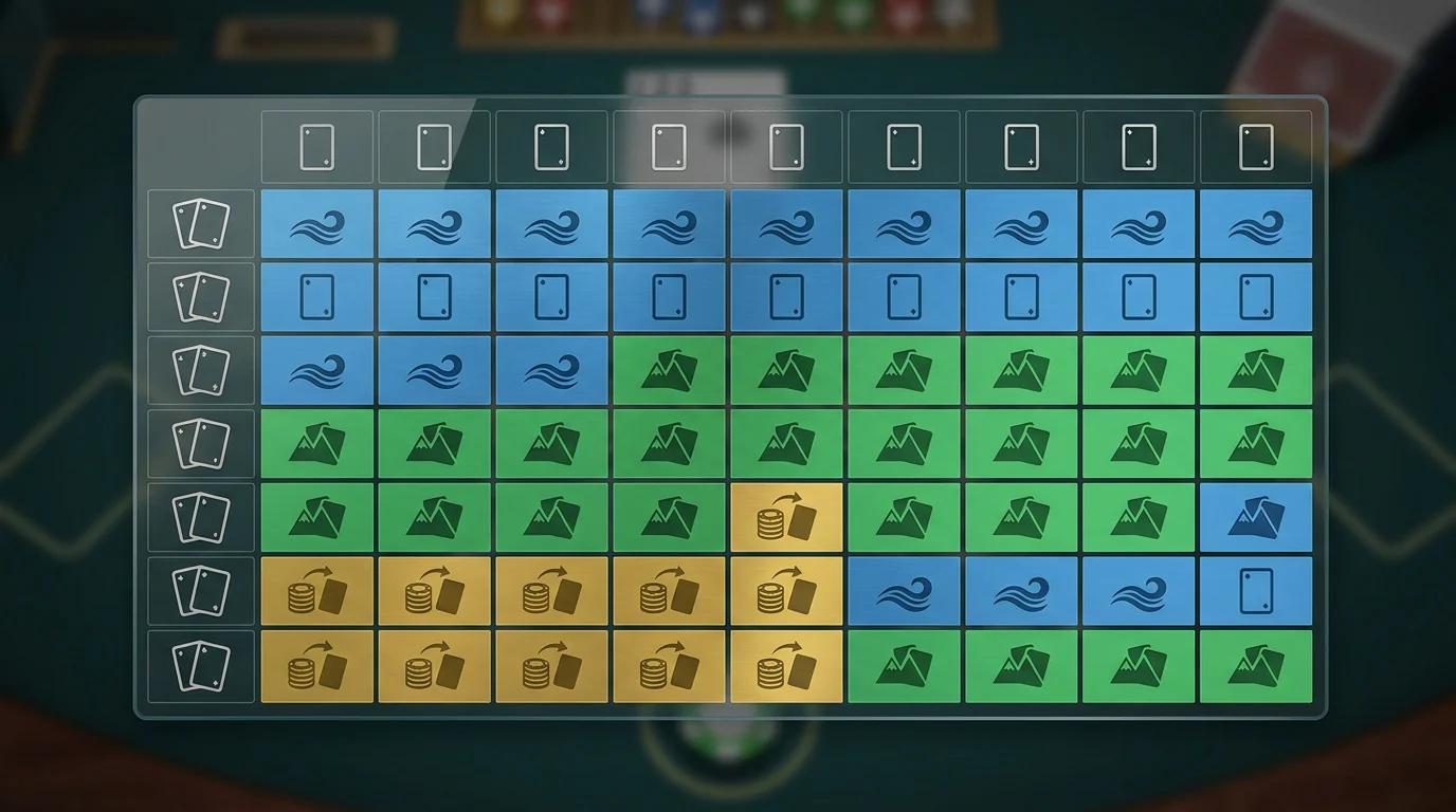 Ein schematisches Grundstrategie-Diagramm für Blackjack mit Feldern für ziehen, stehenbleiben und verdoppeln