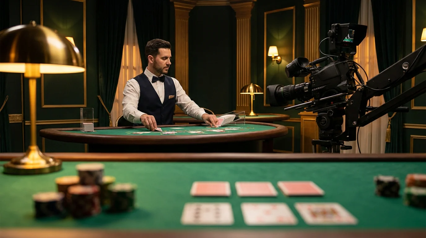 Ein Live-Blackjack-Tisch mit einem Dealer, der Karten austeilt, per Kamera in Echtzeit übertragen
