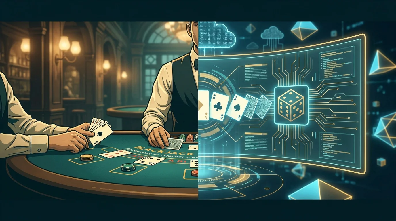 Vergleich eines Live-Blackjack-Tischs mit echtem Dealer und eines digitalen Blackjack-Bildschirms mit Zufallsgenerator