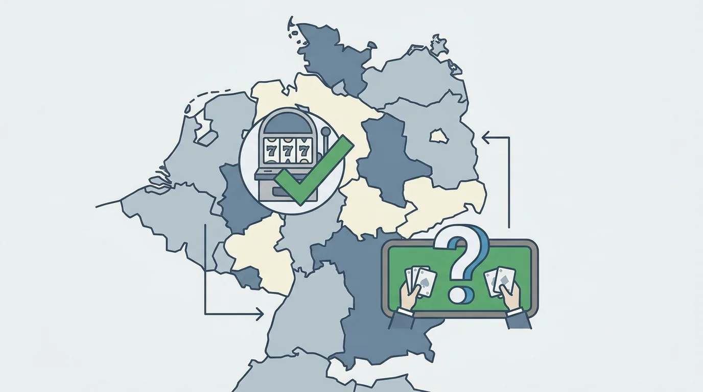 Eine Deutschlandkarte, auf der Automatenspiele erlaubt sind und Live-Kartentische mit einem Fragezeichen markiert sind