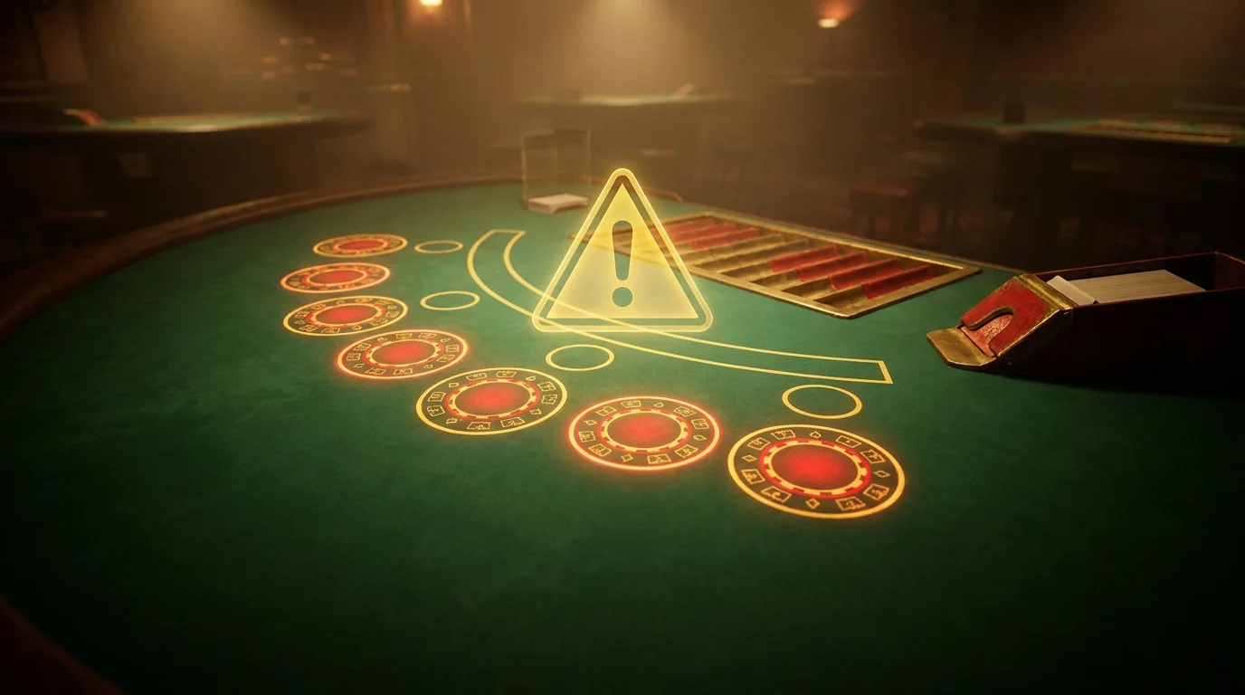 Ein Blackjack-Tisch mit hervorgehobenen Side-Bet-Feldern und einem Warnsymbol für den hohen Hausvorteil