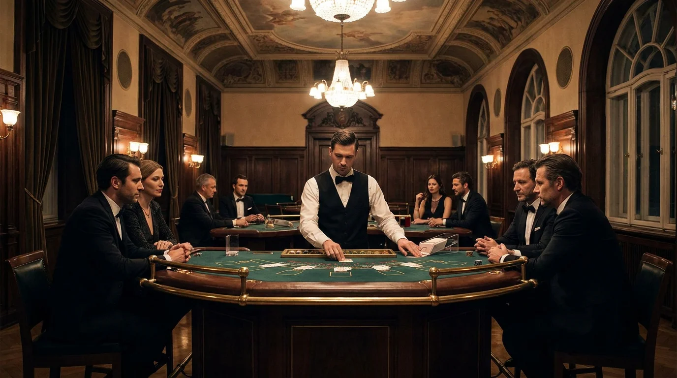 Ein eleganter Blackjack-Tisch in einer landbasierten deutschen Spielbank mit einem Croupier