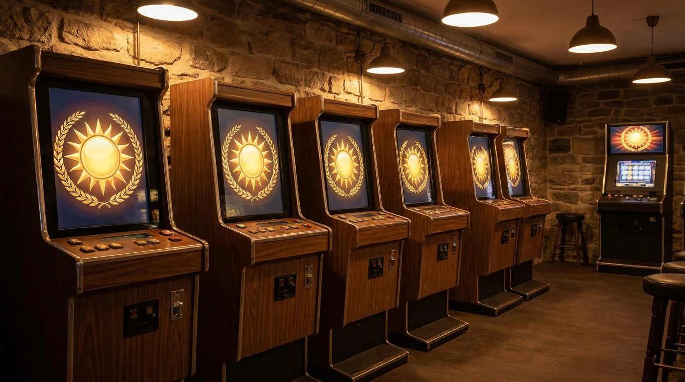 Merkur-Slots mit Sonnensymbol als Fazit-Symbol fuer die legale Spielhallentradition