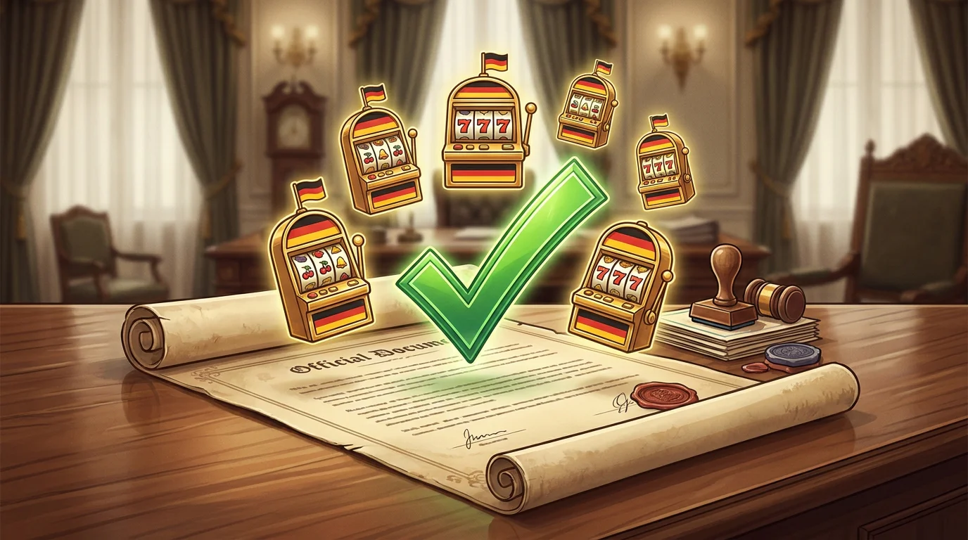 Whitelist-Symbol mit gruenem Haken fuer legal verfuegbare Merkur-Slots