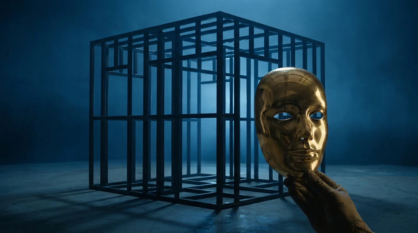 Eine Maske mit seriösem Gesicht, hinter der eine fehlende Aufsichtsstruktur sichtbar wird