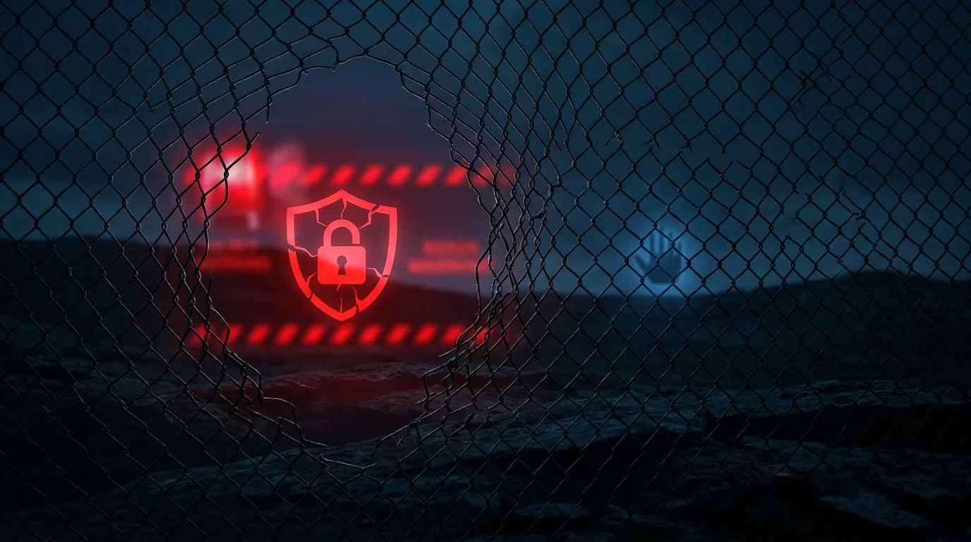 Ein durchtrenntes Sicherheitsnetz mit einem Sperr-Symbol, davor eine warnende rote Fläche und ein Hinweis auf Hilfe