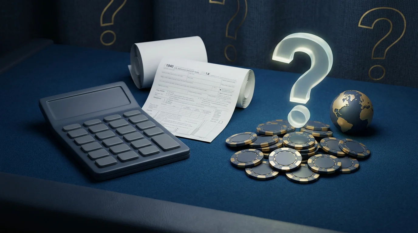 Ein Taschenrechner und Steuerformulare neben einem Fragezeichen über einem ausländischen Casino-Gewinn